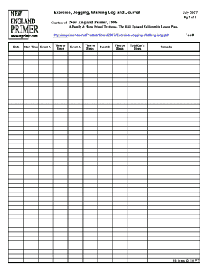  Exercise Jogging Walking Log Blank Form, Single NEPrimer Com 2007