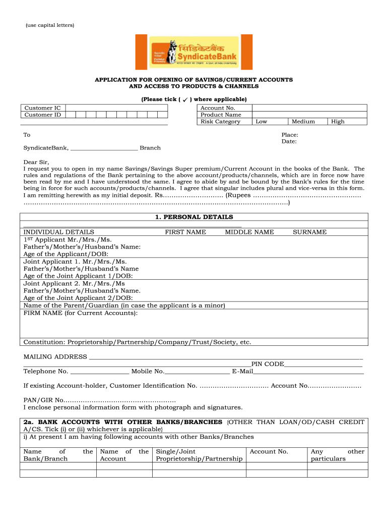Syndicate Bank Online Application  Form