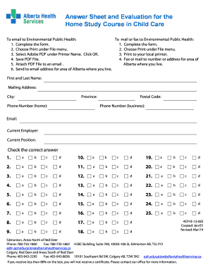 Answer Sheet and Evaluation for Home Study Course in Child Care  Form