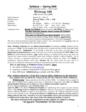 Wrt 100 Syl Tu Th 1 25 2 40 Sp 08 PDF Pima Community College  Form