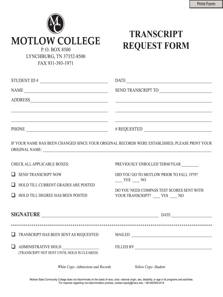 Motlow State Community College Transcript  Form