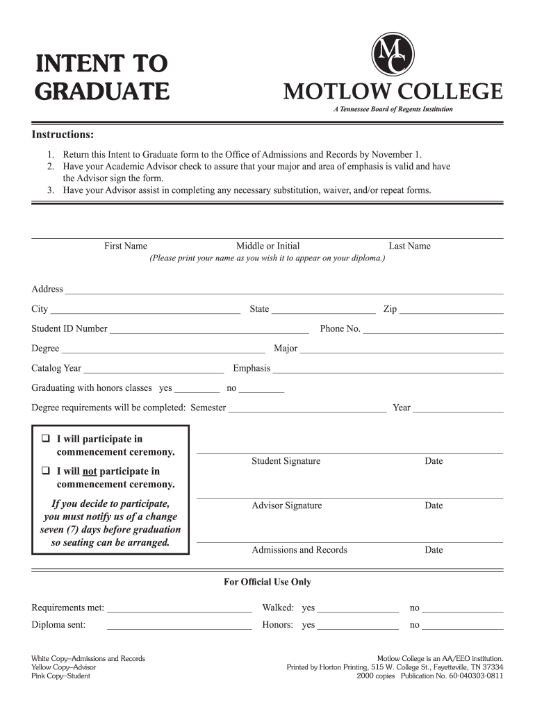 Motlow Intent to Graduate Form