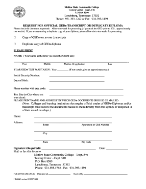 GED Duplicate Diploma Request Motlow State Community College Mscc  Form