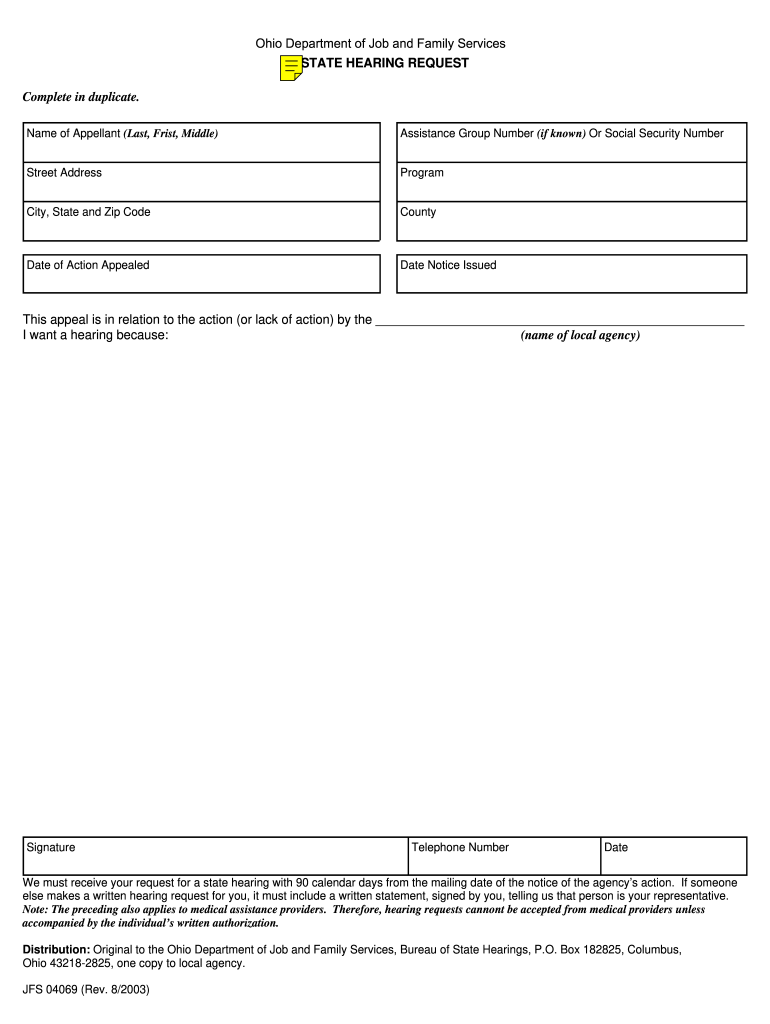  STATE HEARING REQUEST Complete in Duplicate This Appeal is Communityportal Fcdjfs Franklincountyohio 2003