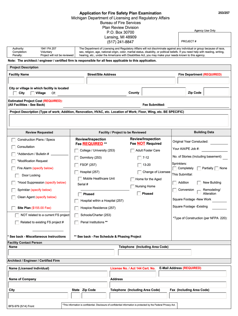  Application for Fire Safety Plan Examination BFS    State of Michigan 2014