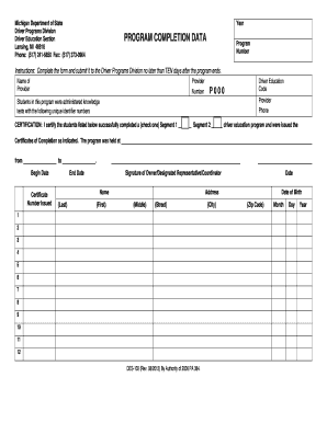 DES 102 Program Completion Data Form State of Michigan Mi