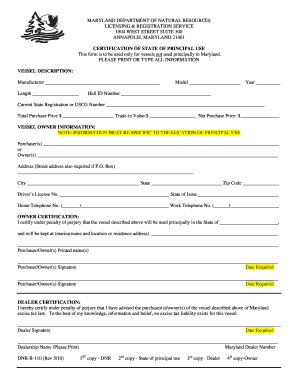  Certification of State of Principal Use B110 Maryland Department Dnr State Md 2010