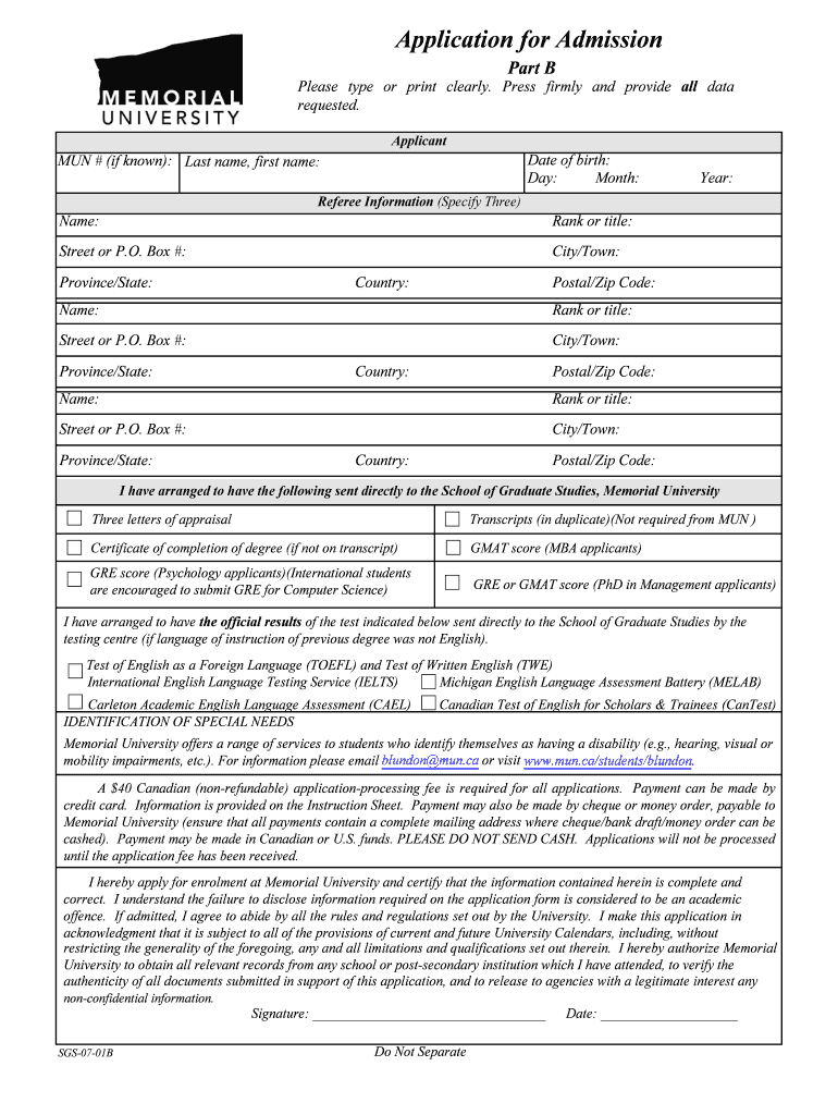Application for Admission Memorial University of Newfoundland  Form