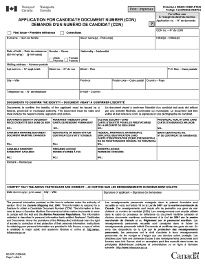 Application for Candidate Document Number Cdn Transports Canada Mi Mun  Form