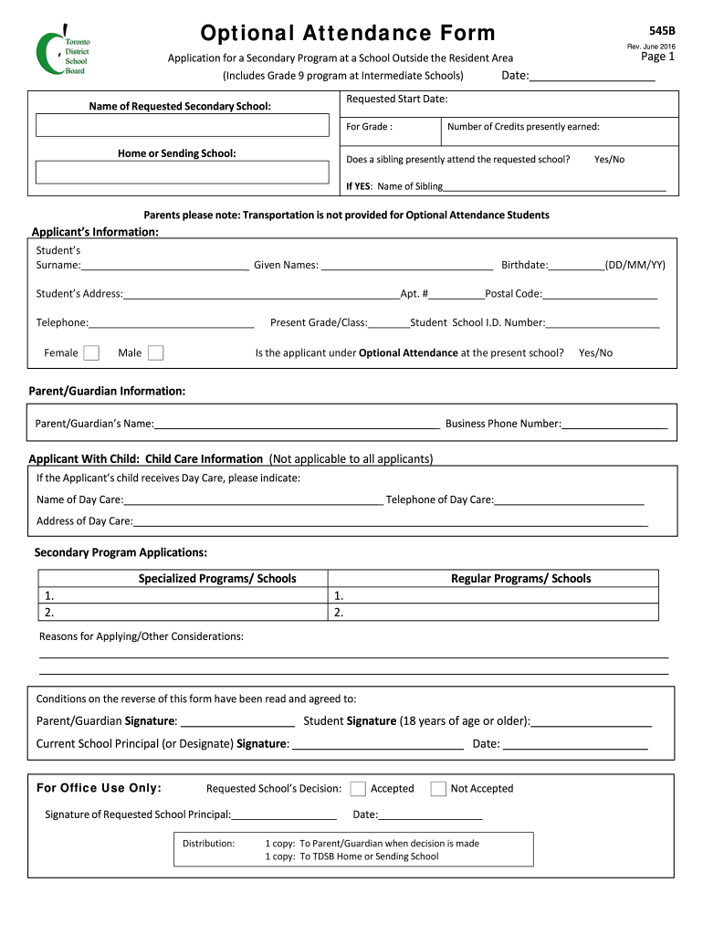  Form 545B Optional Attendance Application, Secondary  TDSB 2014