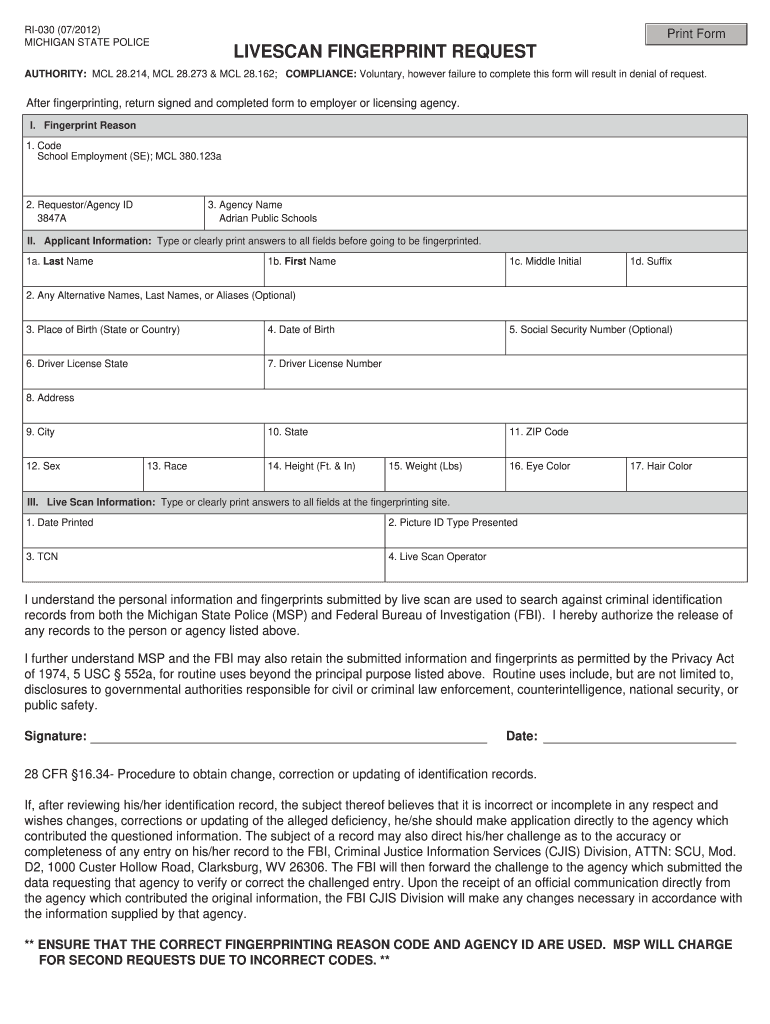  Michigan State Police Form 2012