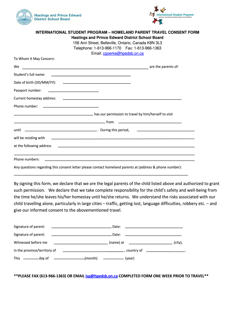 Homeland Travel Consent Form  Hpedsb on