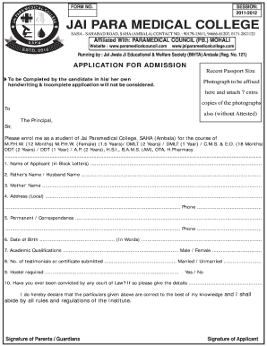 Jai Para Medical College  Form