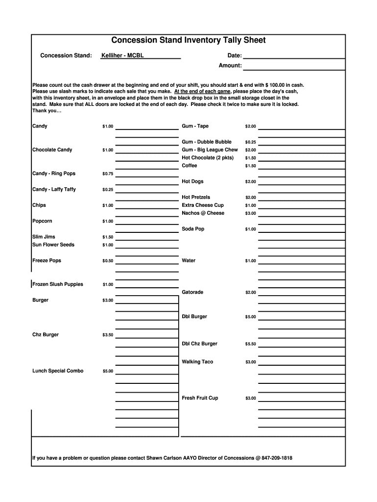 Concession Stand Inventory  Form