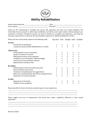 Patient Satisfaction Survey 04 30 13 Ability Rehabilitation  Form