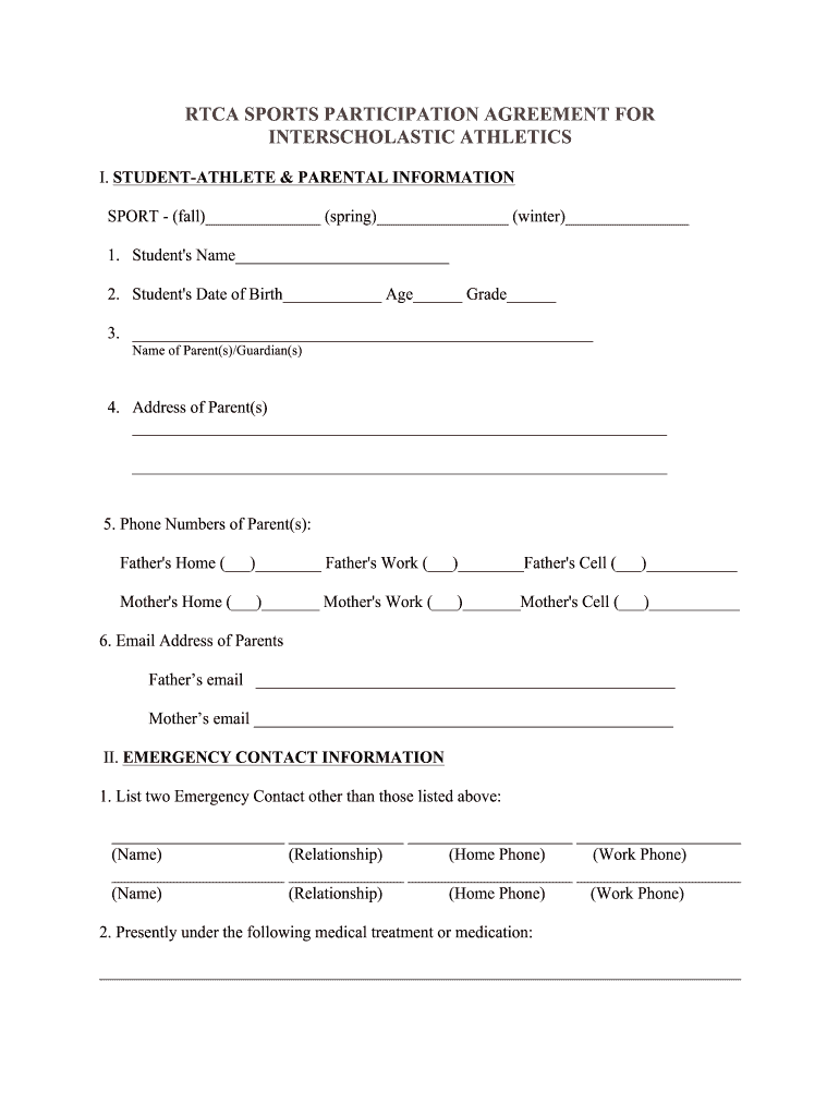 Sports Participation Agreement  Form