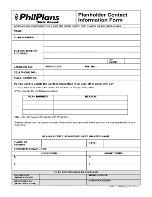  Philplans Plan Holder Contact Information Form 2013