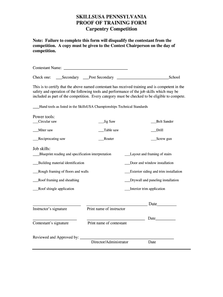 SKILLSUSA PENNSYLVANIA PROOF of TRAINING FORM Carpentry Crawfordctc