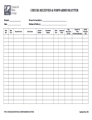 Checks Received Forwarded Blotter Financial West Group  Form