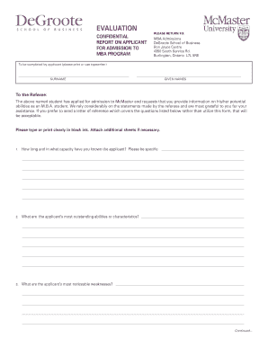MBA Evaluation Form BDeGrooteb School of Business Mbarecruit Degroote Mcmaster