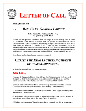 Letter of Call for Pastor  Form