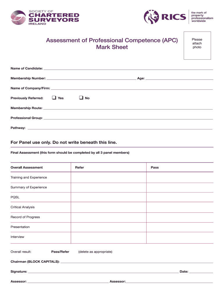 Assessment of Professional Competence APC Mark Sheet Photo Scsi  Form