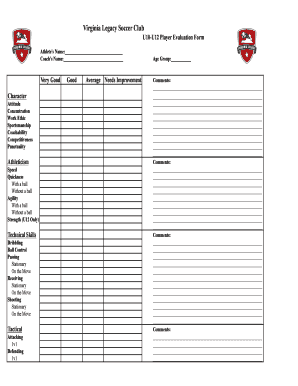 Virginia Legacy Soccer Club U10 U12 Player Evaluation Form