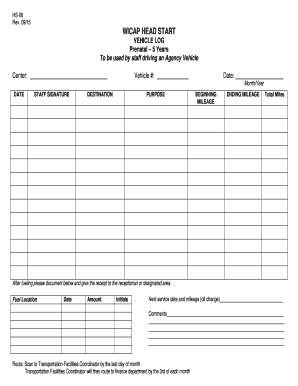 WICAP HEAD START VEHICLE LOG 5 Years to Be Used by Staff  Form
