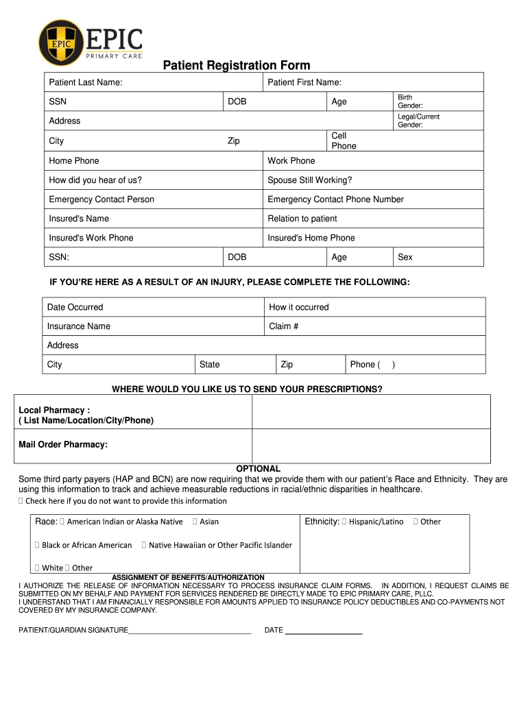 Patient Registration Form EPIC Primary Care