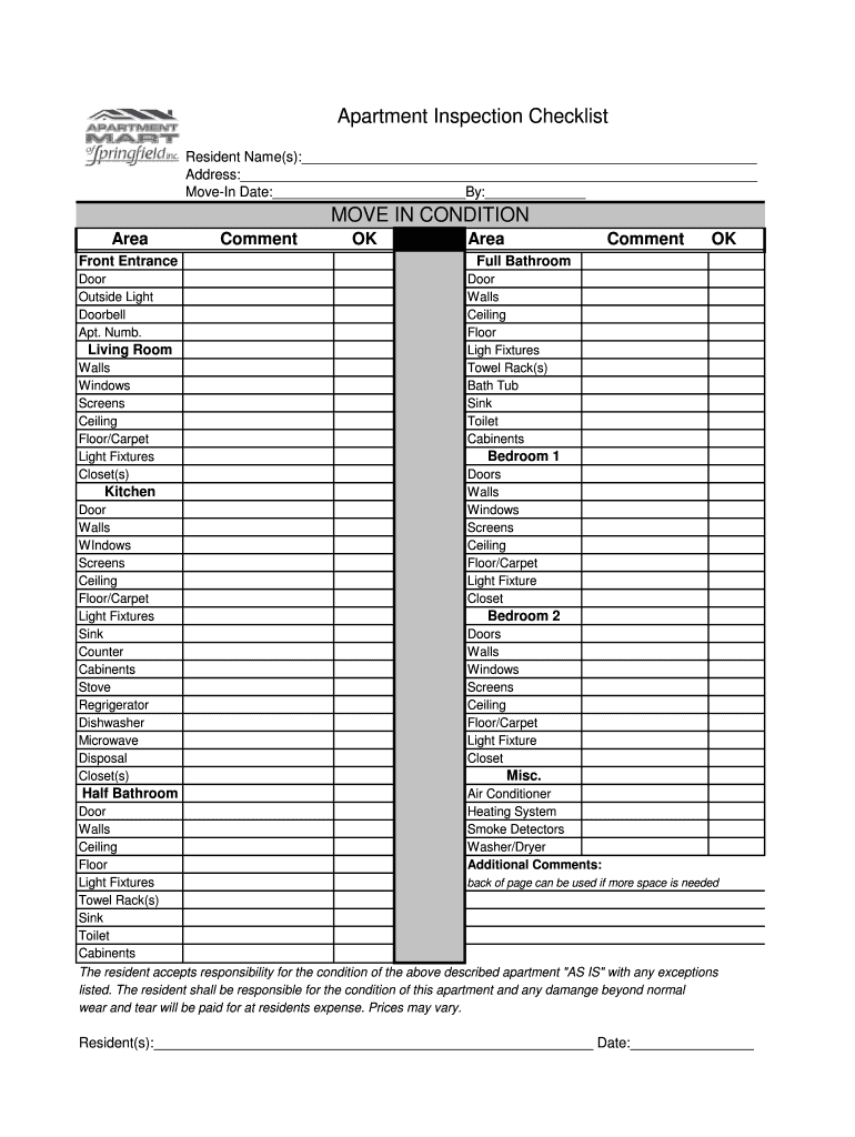 Apartment Inspection BChecklist MOVEb in CONDITION  Form