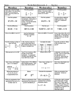 Weekly Math Review Answer Key  Form