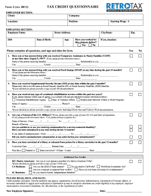 TAX CREDIT QUESTIONNAIRE  Form