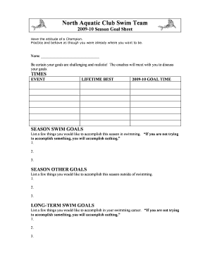 Swimming Goal Sheet Template  Form