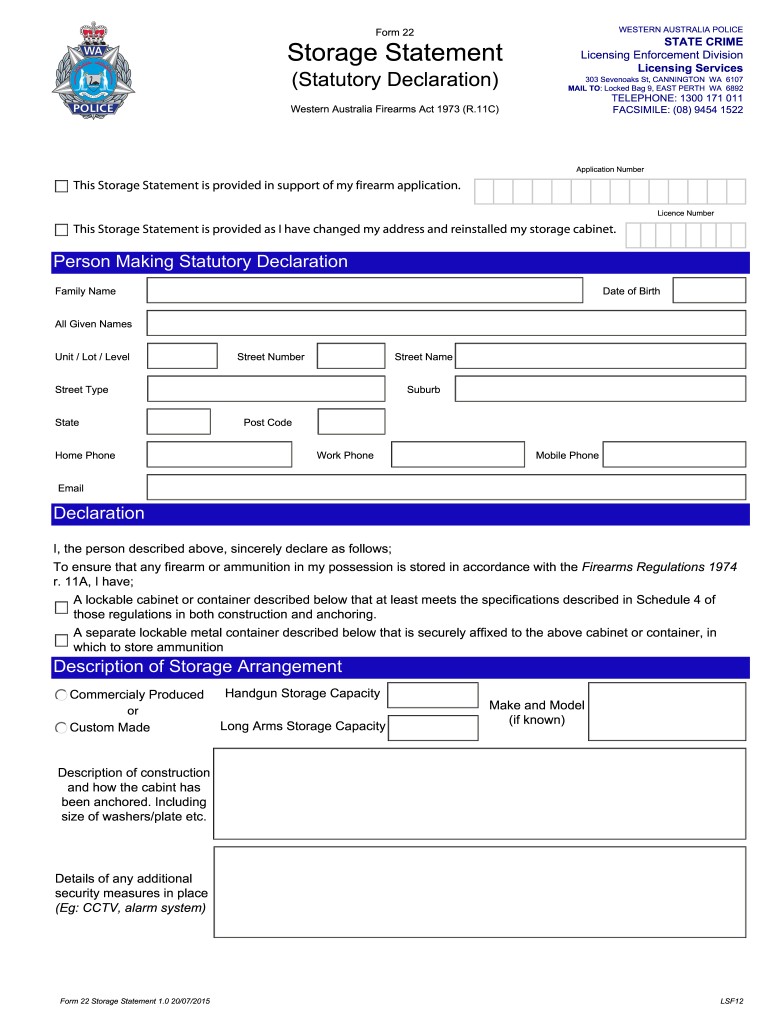  BForm 22b Storage Statement  Western Australia Police 2015