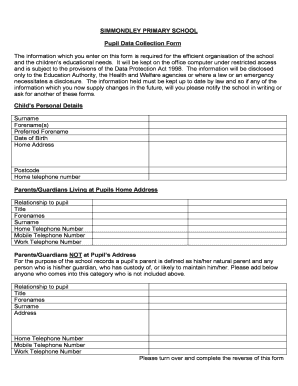 SIMMONDLEY PRIMARY SCHOOL Pupil Data Collection Form Rainbow Web Design Co