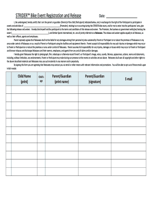 STRIDER Bike Event Registration and Release Date  Form