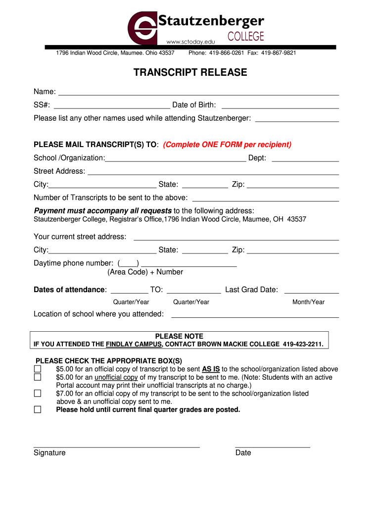 Transcript Release Stautzenberger College Sctoday  Form