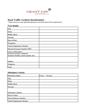 Road Traffic Accident Questionnaire PDF  Form