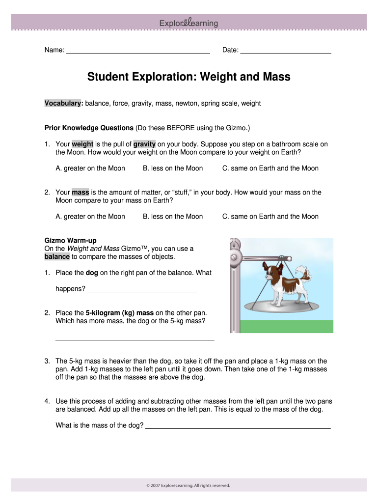 Weight and Mass Gizmo Answers  Form