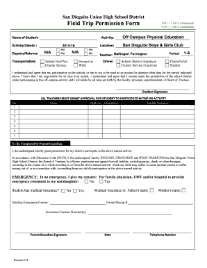 San Dieguito Union High School District Field Trip Permission Form Activity Activity Dates Transportation 201516 NA AM PM AM PM 
