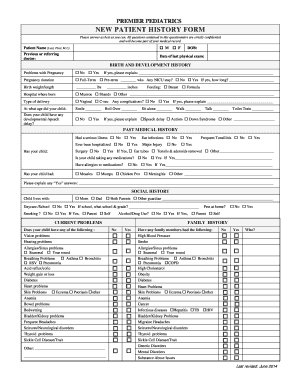 PREMIER PEDIATRICS NEW PATIENT HISTORY FORM