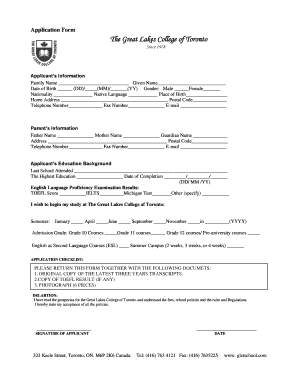 Application Form the Great Lakes College of Toronto