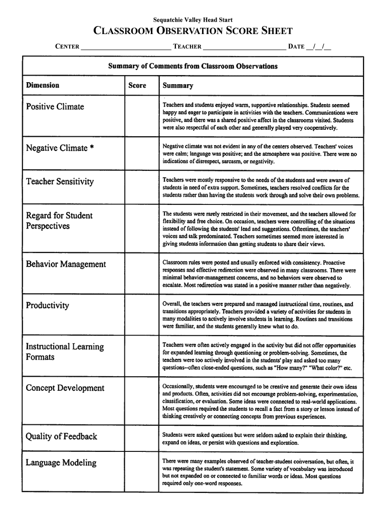 Class Observation Scoring Sheet  Form