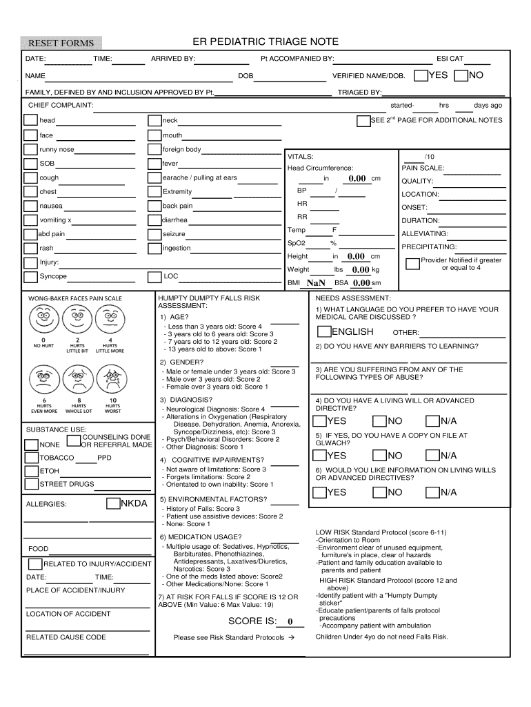 ER PEDIATRIC TRIAGE NOTE United States BArmyb Glwach Amedd Army  Form