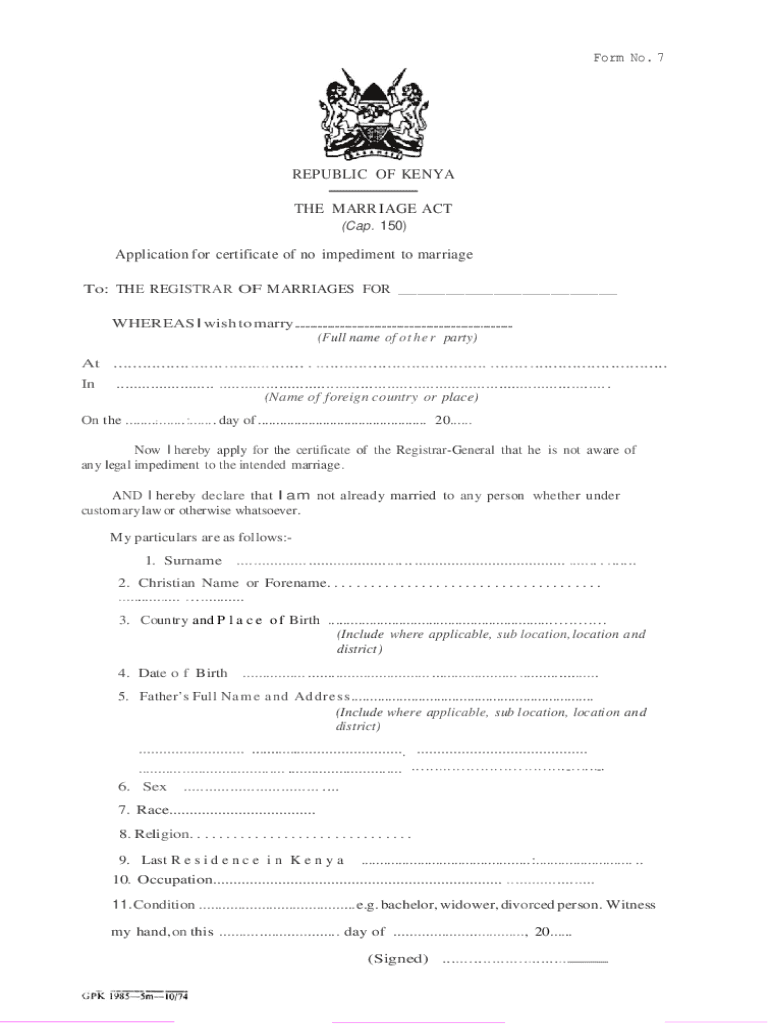Certificate of No Impediment to Marriage Sample  Form