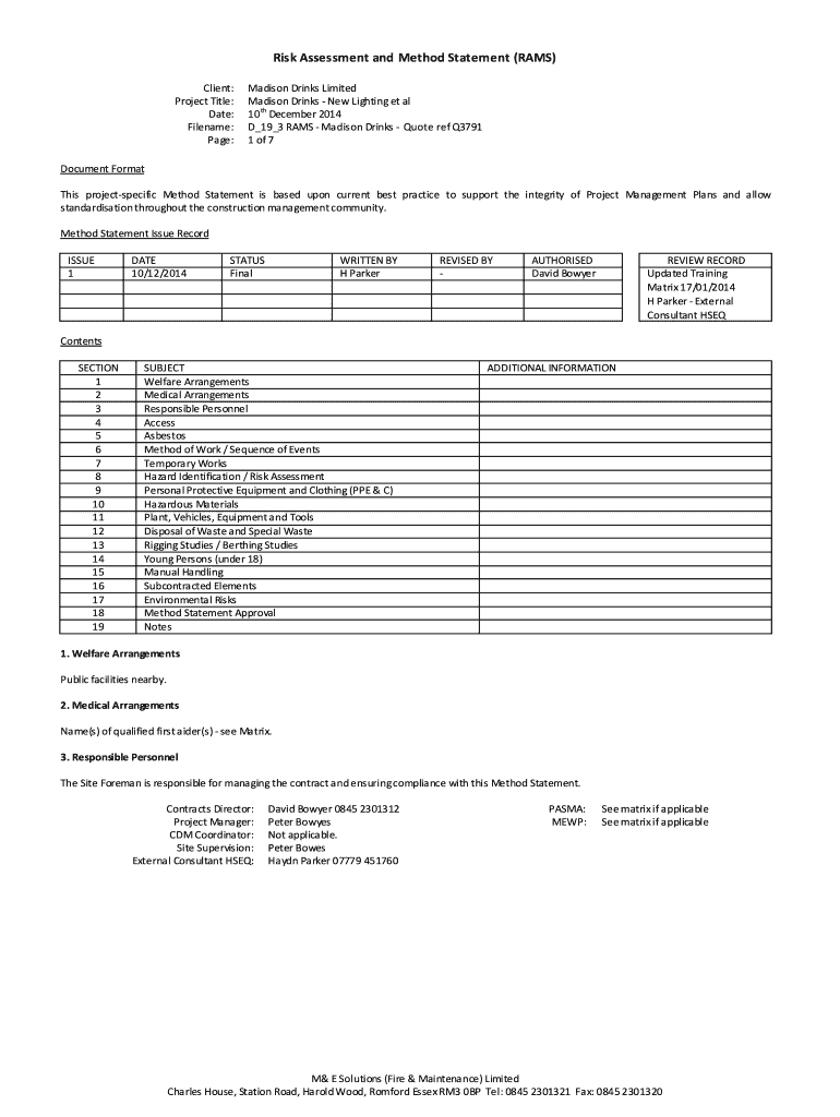 Risk Assessment and Method Statement RAMS  Form