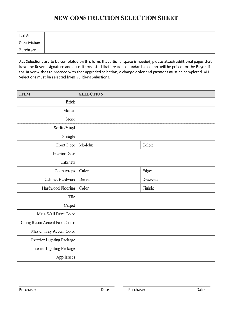 Home Builder Selection Sheet Template  Form