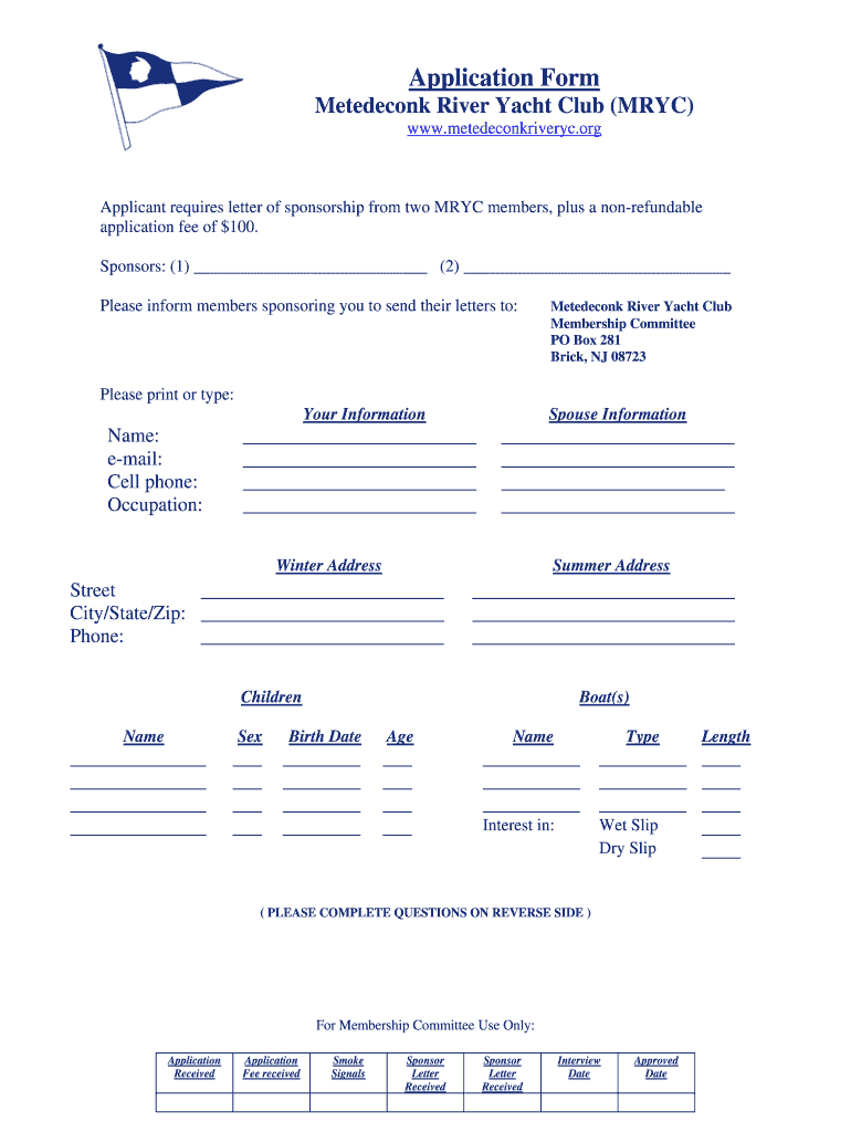 Application Form Metedeconk River Yacht Club MRYC Metedeconkriveryc