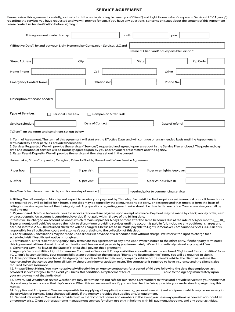 Service Agreement Light Homemaker Companion Services LLC  Form