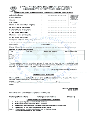 Subharti University Provisional Certificate  Form
